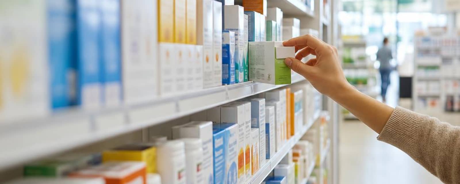 Pharmacy shelves stocked with over-the-counter products
