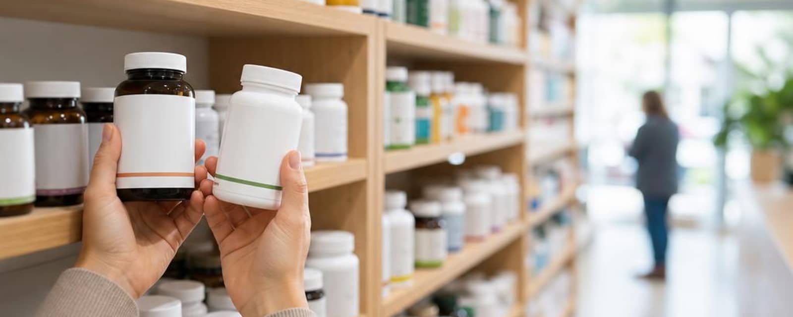 Pharmacy aisle with shelves of vitamins and supplements